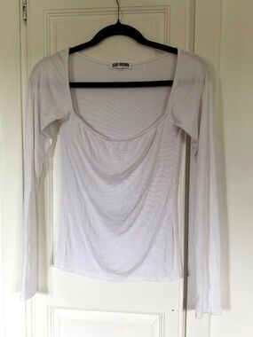 Joah Brown White Ribbed Long Sleeve Square Neck Top M/L